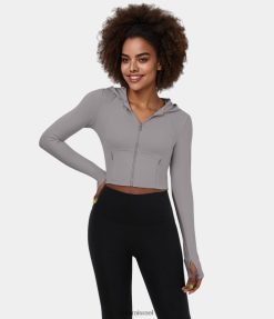 Halara נשים softlyzero קטיפה קפוצ'ון רוכסן צד כיס חור אגודל קצוץ קז'ואל ז'קט קז'ואל XX0PF1975 בגדים פעילים אפור פלדה