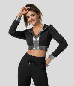 Halara נשים softlyzero רוכסן קפוצ'ון אוורירי מנוגד נייר כסף צבע בלוק קצוץ מעיל יוגה מגניב מגע XX0PF1965 בגדים פעילים שָׁחוֹר