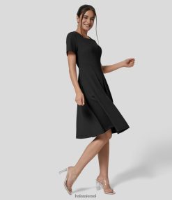 Halara נשים softlyzero eco צווארון עגול כיס צד מחוך מחוך עבודה מתלקחת מתלקחת שמלת עבודה XX0PF1247 הַלבָּשָׁה שָׁחוֹר