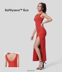 Halara נשים softlyzero eco צווארון עגול ללא גב ללא גב ללא גב שמלת עבודה מקסי עם שסע גבוה XX0PF1219 הַלבָּשָׁה פרג אמיץ