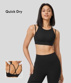 Halara נשים speedwave תמיכה בינונית צוואר עגול ללא גב חזיית ספורט ריצה יבשה מרושת רשת ניגודיות XX0PF1608 בגדים פעילים שָׁחוֹר
