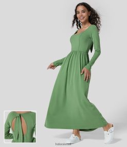 Halara נשים u צוואר ללא גב קשירה בחזרה שרוולים ארוכים מקופלים שמלת כותנה מזדמנת מקסי XX0PF1245 הַלבָּשָׁה ג'דעשין