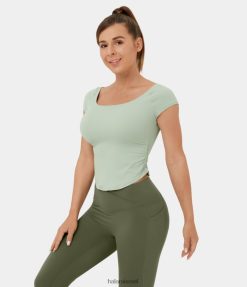 Halara נשים U צווארון קצר שרוול קצר מכפלת מעוקלת קצוץ ספורט קז'ואל טופ XX0PF1868 בגדים פעילים מְקוֹרִי