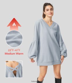 Halara נשים V צווארון כתף נשמט שרוול בישופ משולב גב אוברסייז צמר קז'ואל סווטשירט כותנה XX0PF2022 הַלבָּשָׁה יום נישואין שמח אפור