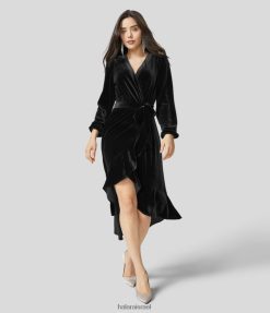 Halara נשים V צווארון עטוף עניבה קדמית שרוול ארוך גבוה קטיפה נמוכה שמלת מידי קז'ואל XX0PF1251 הַלבָּשָׁה שָׁחוֹר